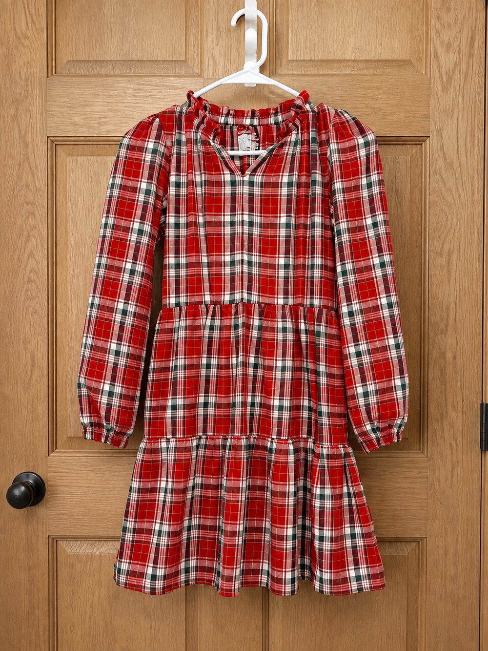 Girls' Red Plaid Long-Sleeve Tiered Dress - Size 14